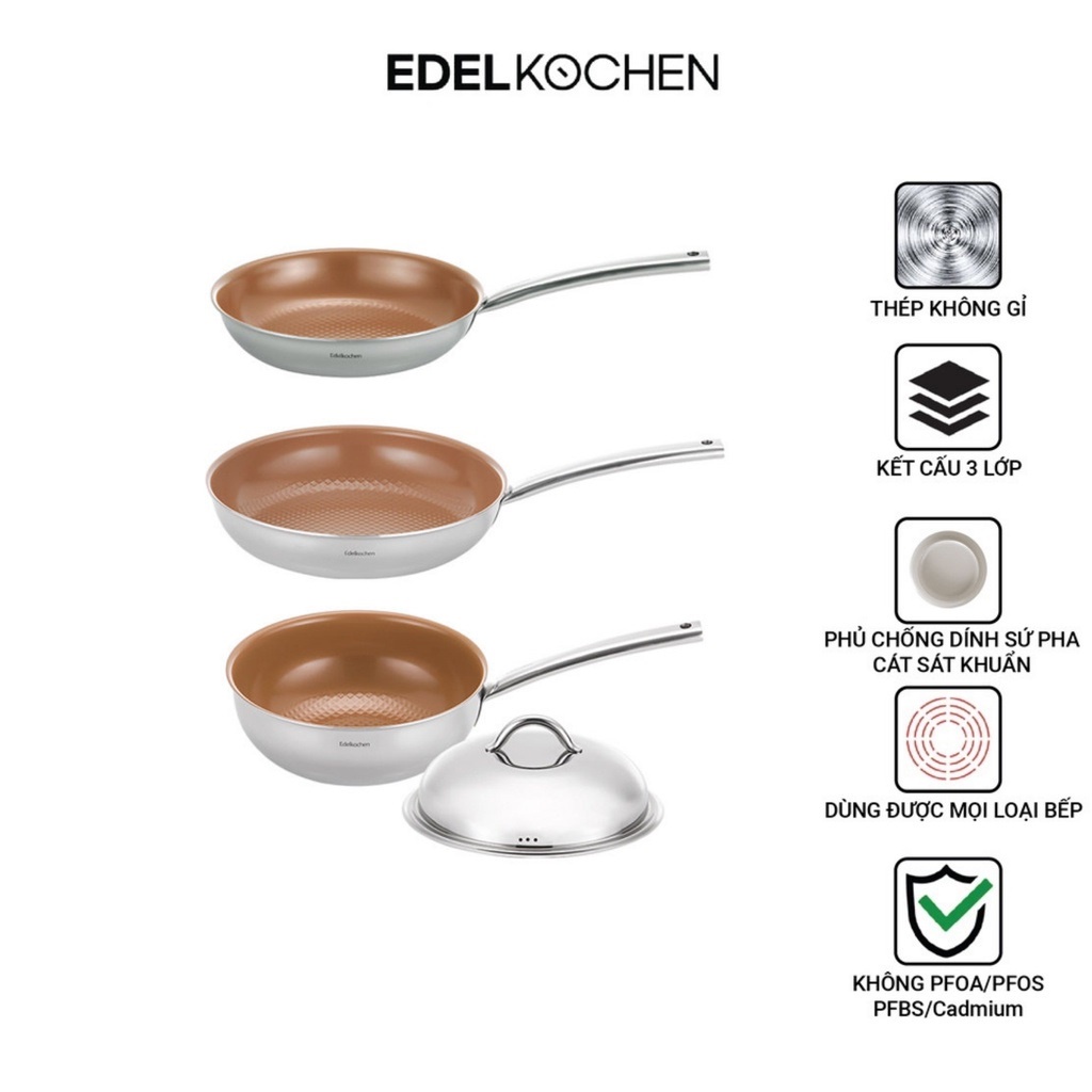 Chảo inox chống dính bếp từ Edelkochen 3 lớp Easy Prism màu Nâu - Size 24/28cm