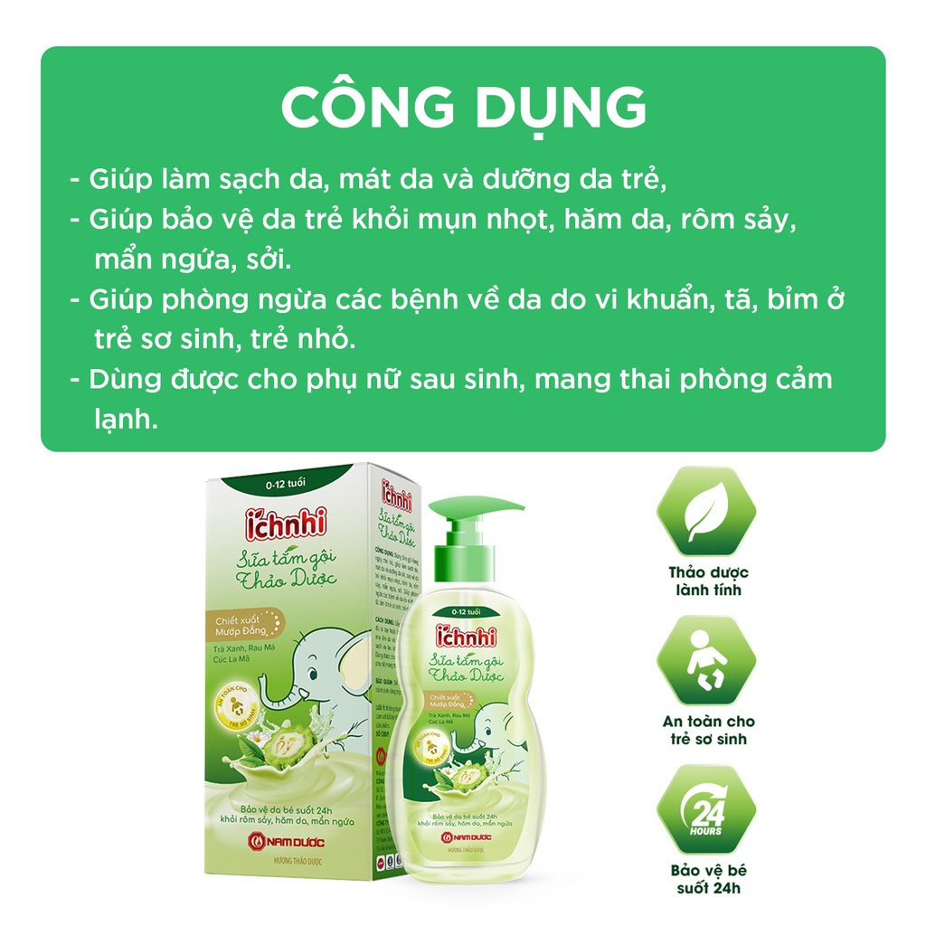Ảnh Sữa tắm gội thảo dược Ích Nhi cho bé chai 200ml phòng cảm lạnh, ngừa rôm sẩy, mẩn ngứa, dưỡng da mềm mịn cho bé 2