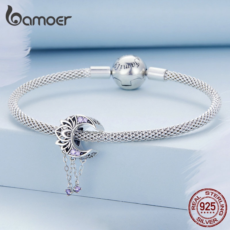 BAMOER Hạt Charm bạc 925 Hình Hoa Đính Đá Zircon Màu Tím