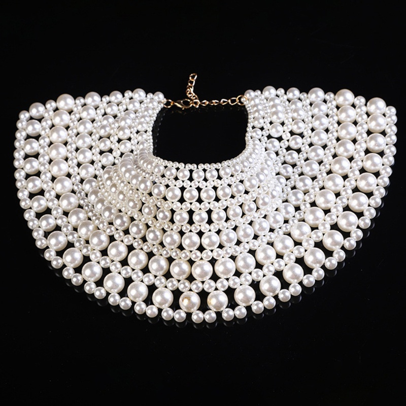 Dây Choker Yếm Hình Quạt Với Hạt Ngoc Trai Nhân Tạo, Bộ Phụ Kiện Gồm Dây Xích Và Khăn Choàng Cổ