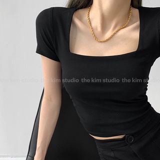 THEKIM Áo thun croptop tay ngắn , áo cổ vuông cho nữ may hai lớp vải  A112