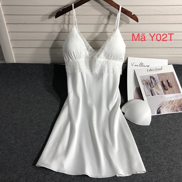 Váy ngủ lụa phối ren cao cấp 2 dây điều chỉnh , kèm mút ngực