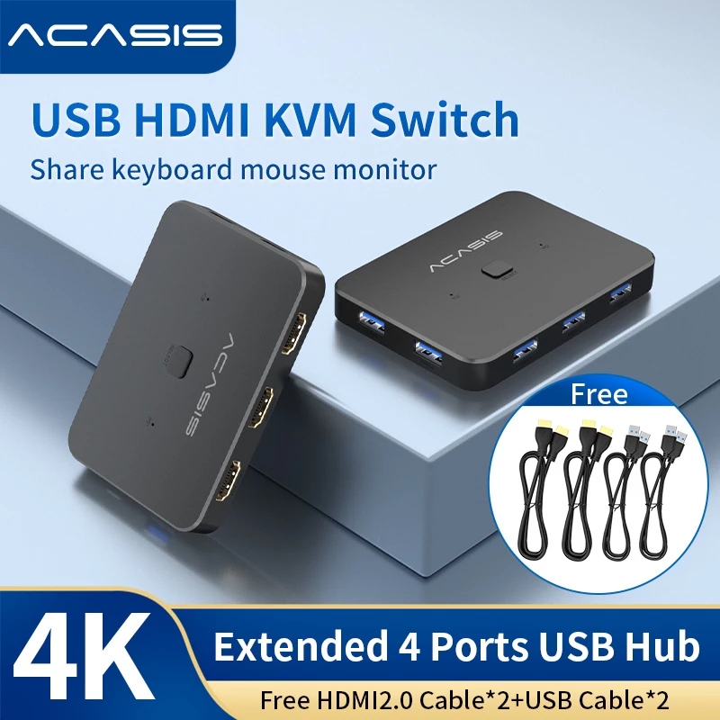 Acasis usb hdmi kvm switch 2 in 1 out 4k60hz hdmi switcher and extended usb3.0 hub manual sharing bo