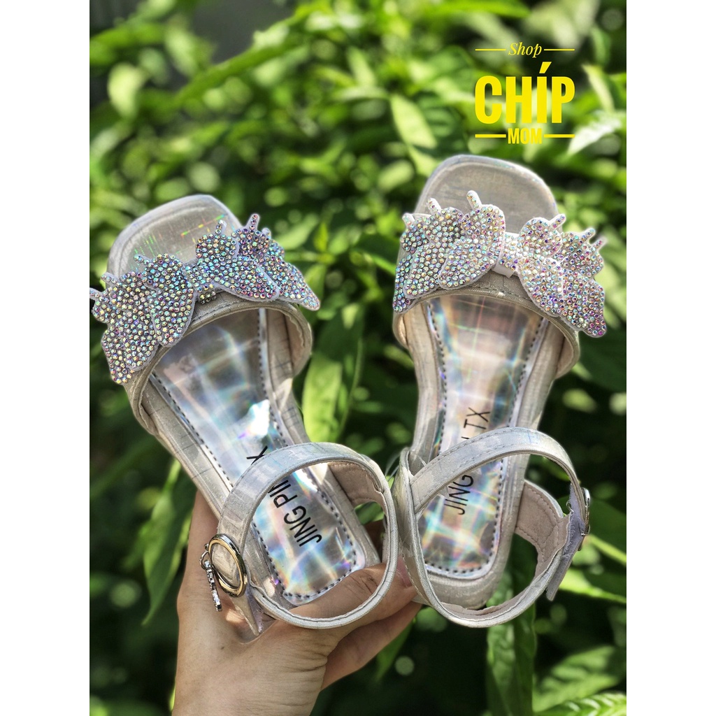 sandal bé gái dép quai hậu cho bé nơ đá sang chảnh cao gót đế dẻo da PU mềm không đau chân thời trang hè mẫu mới 8107