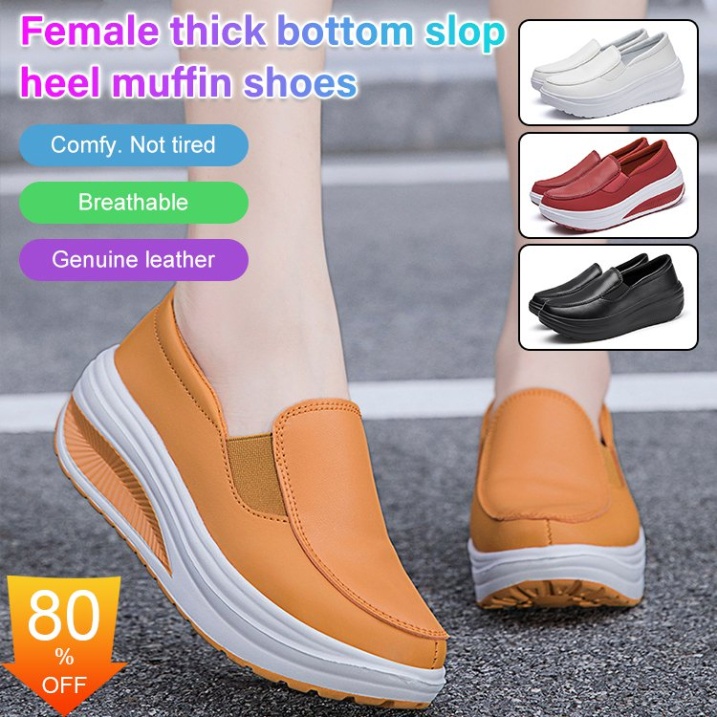 Giày nữ da trơn đế bằng tăng chiều cao 5cm dáng thể thao êm mềm