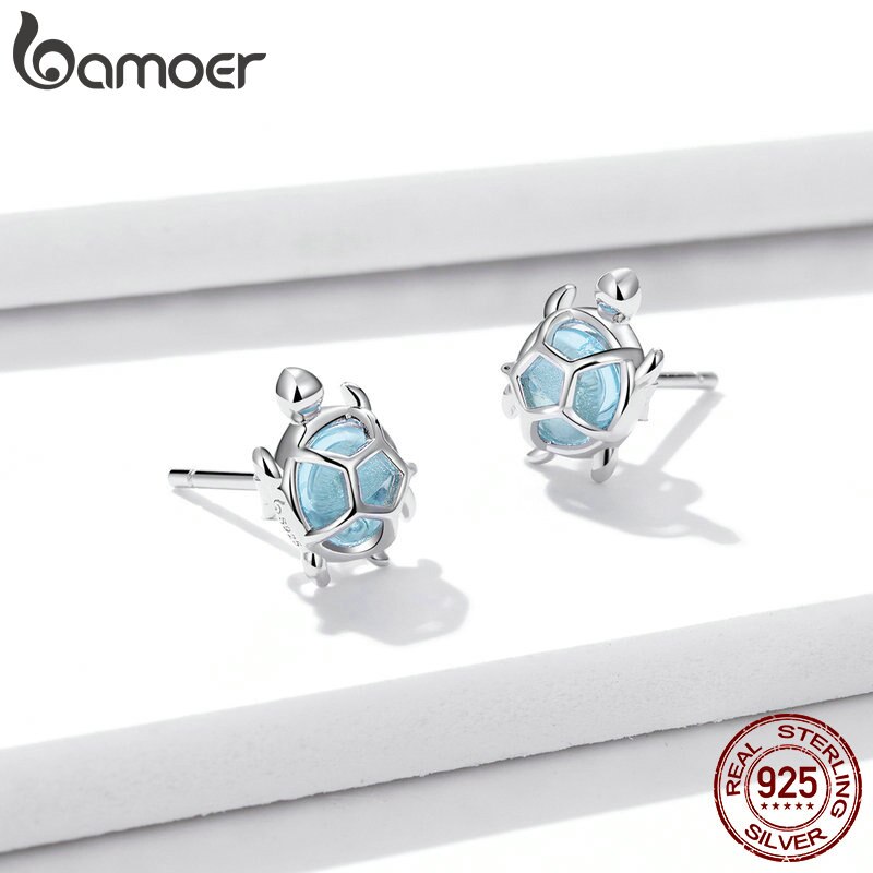 Bamoer Bông Tai bạc 925 Hình Rùa Biển Đính Đá cz bse406