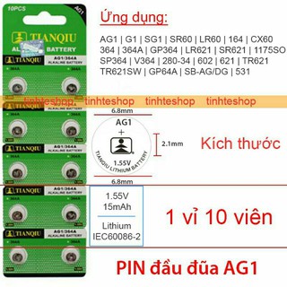 1 Vỉ 10 viên pin cúc áo AG1 dùng Cho Điều Khiển, Đồng Hồ, Đồ Chơi.......