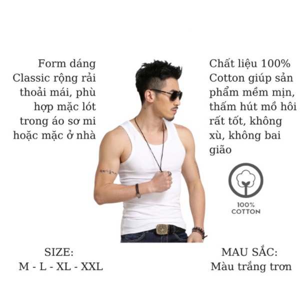 Áo Ba Lỗ Nam Cao Cấp ,Aó Thun 3 Lỗ Lót Trong Sơ Mi Màu Trắng Trơn Đơn Giản Dáng Classic Chất Cotton Mềm Mịn.