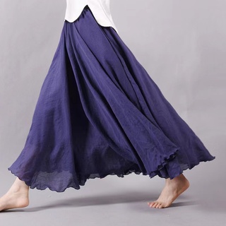 Phong Cách Hàn Quốc Nữ Vải Lanh cotton Co Giãn Eo Xếp Ly Váy Dài Midi Đầm