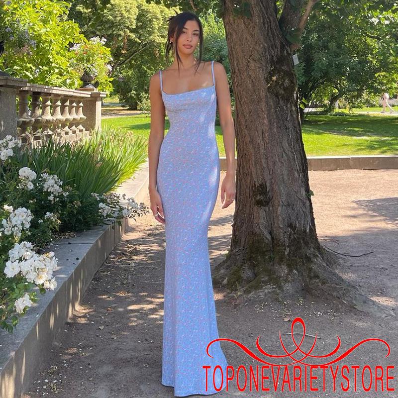 Topq-áo Spaghetti dành cho nữ không tay hở lưng Slim Fit Váy dài in hoa