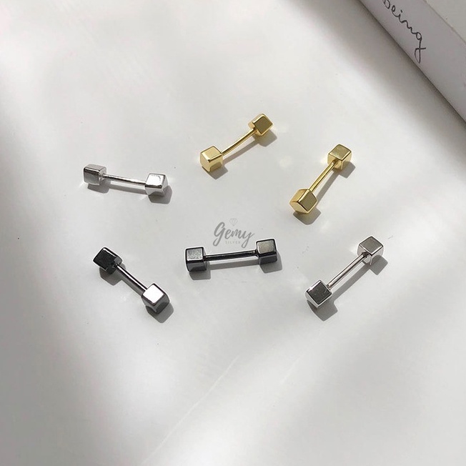 Khuyên tai nam nữ bạc 925 hình vuông lập phương chốt vặn 3 màu unisex (1 chiếc) | GEMY SILVER KN75