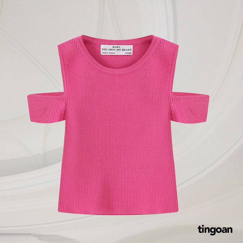 TINGOAN® - Áo len xù ngắn tay dáng lửng khoét vai hồng BE MINE TOP/PK