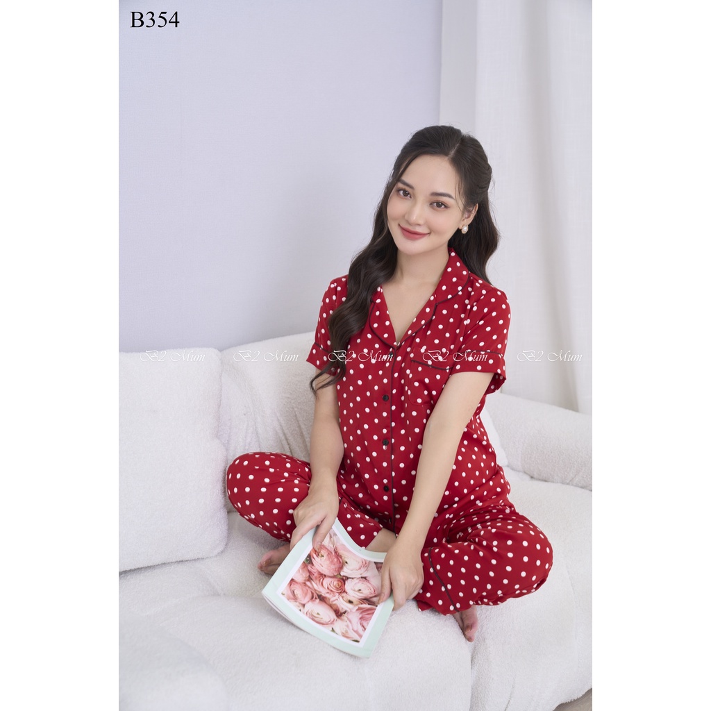 Bộ bầu mặc nhà kiểu pijama áo cộc quần dài lụa hàn sang trọng tinh tế B354 B2 MUM
