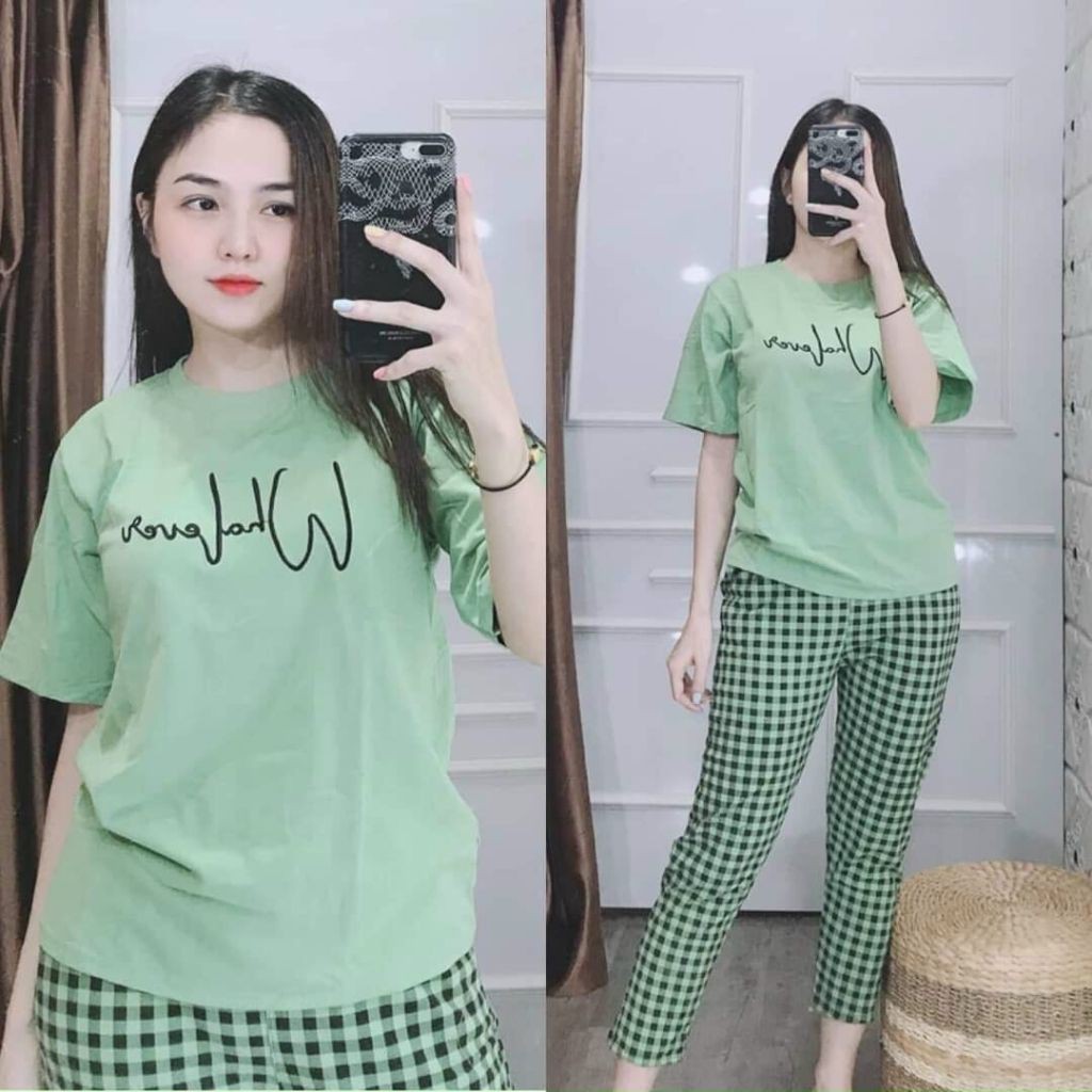Đồ Bộ Nữ Bigsize ESHOP Đồ Mặc Nhà Thun Cotton Quần Dài Caro Thể Thao Dễ Thương Trung Niên MS901