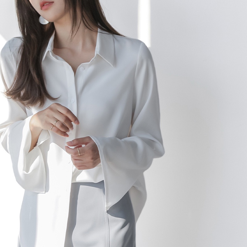 Thời Trang Nữ Áo Voan Chắc Chắn Nữ Dài Tay loe OL Văn Phòng Làm Việc Top Áo Sơ Mi
