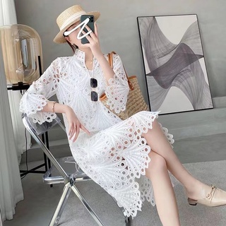 Thời Trang Đầm midi Tay Dài Phối Ren Hoa Phong Cách vintage Cho Nữ Mới