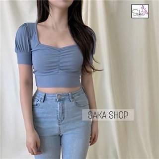 Áo thun nữ croptop nhúng ly tay phồng