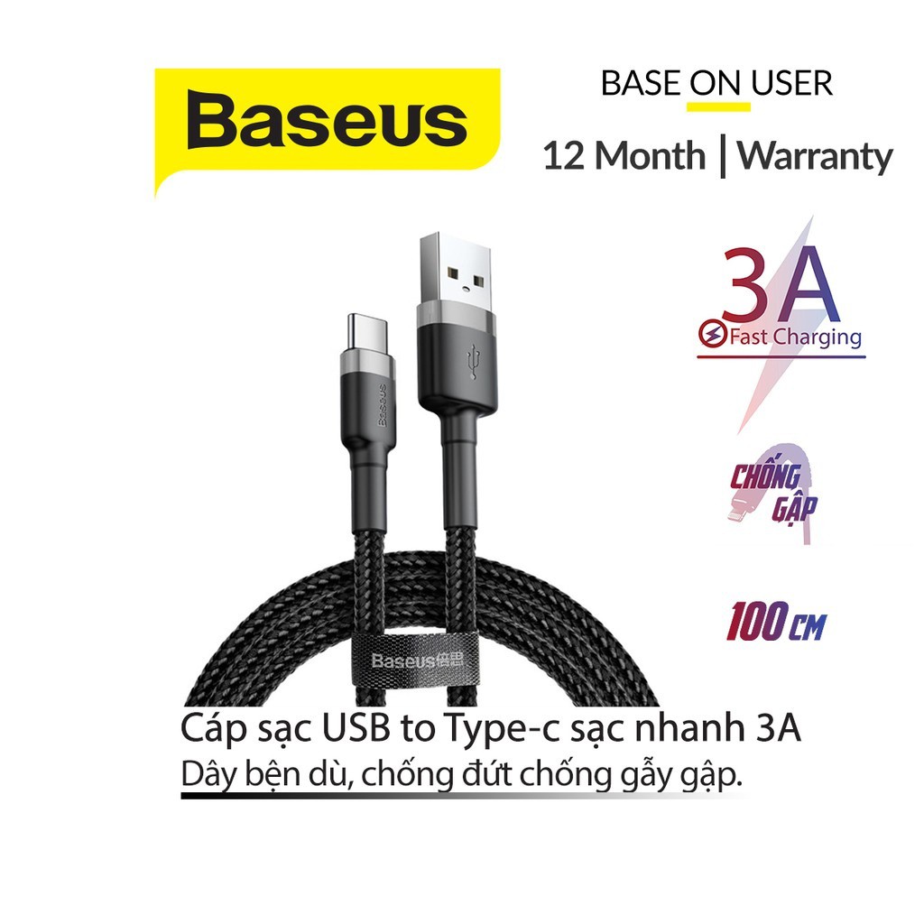 Cáp sạc nhanh Baseus Cafule Type-C dây bện chống đứt hỗ trợ truyền dữ liệu dài 1M/2M/3M cho Android