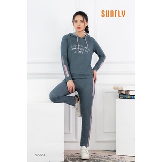 Bộ đồ mặc nhà nữ SUNFLY dáng thể thao cotton có mũ áo dài quần dài SS5583
