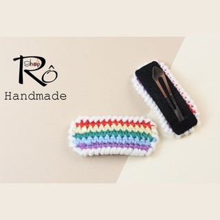 Kẹp tóc năm dòng kẻ cho nữ và bé gái xinh xắn 7cm |Cặp tóc bằng len Handmade |Shop Rô Handmade