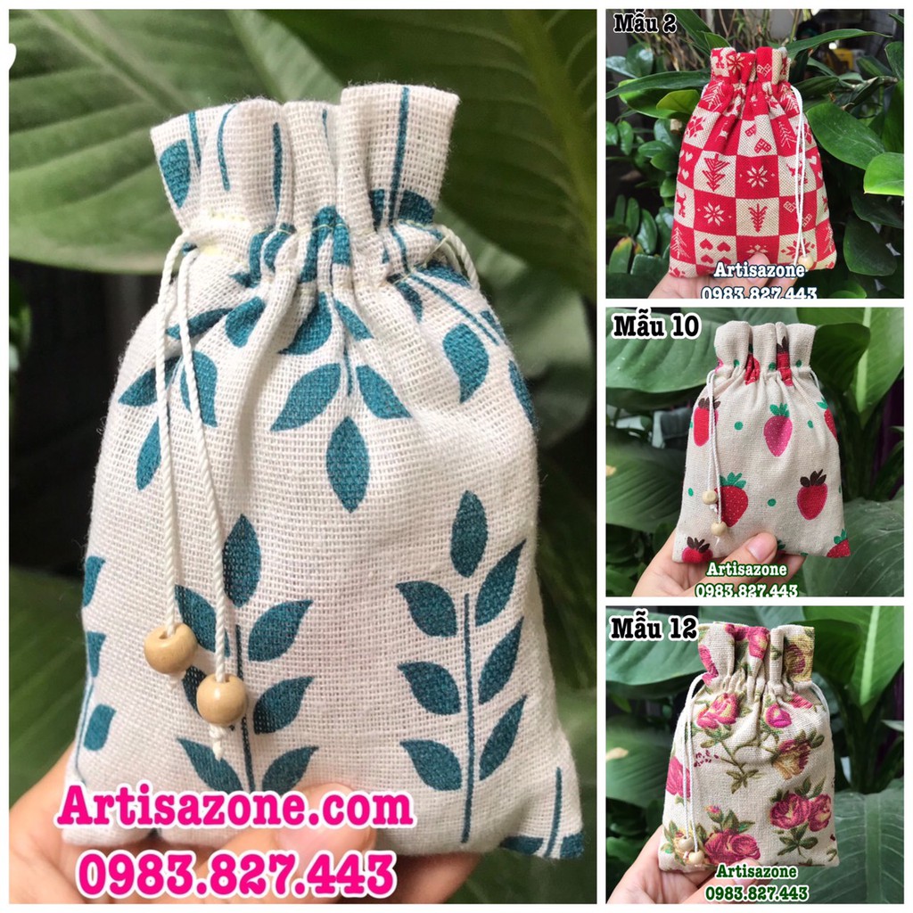 Túi vải dây rút họa tiết mini, kích thước: 10cm x 14cm (Vải canvas ...