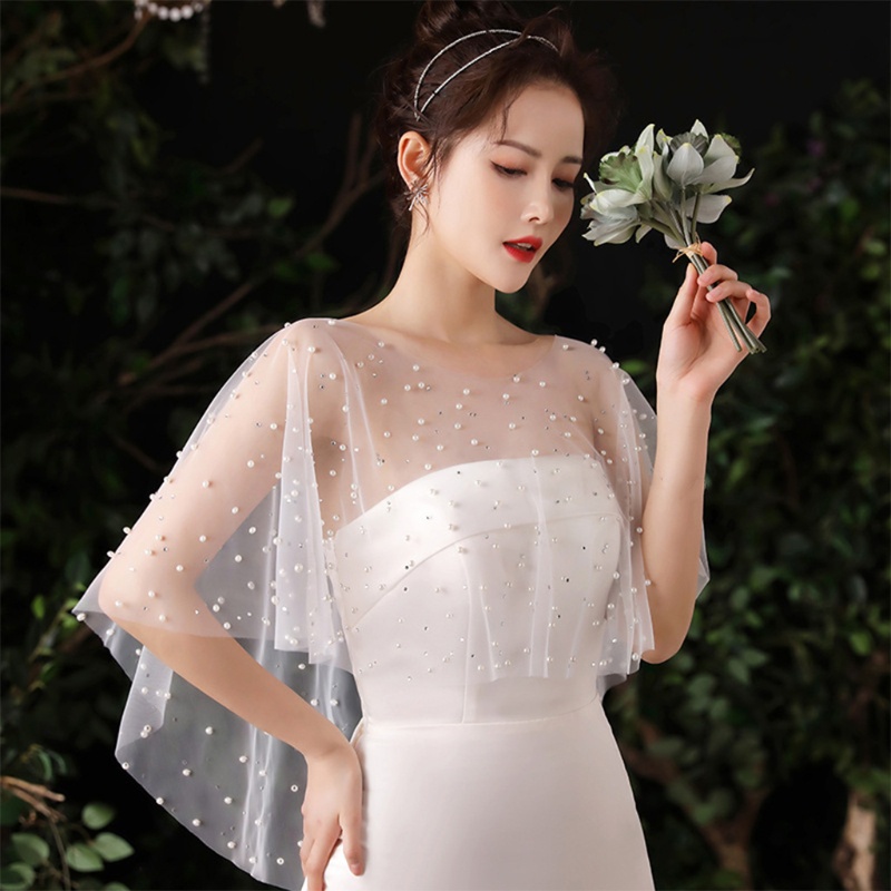Mya Nữ Sheer Tulle Xếp Ly Khăn Choàng Ngọc Trai Đính Hạt Trắng Capelet Vintage Thấp Shrug Quấn Mũi Cho