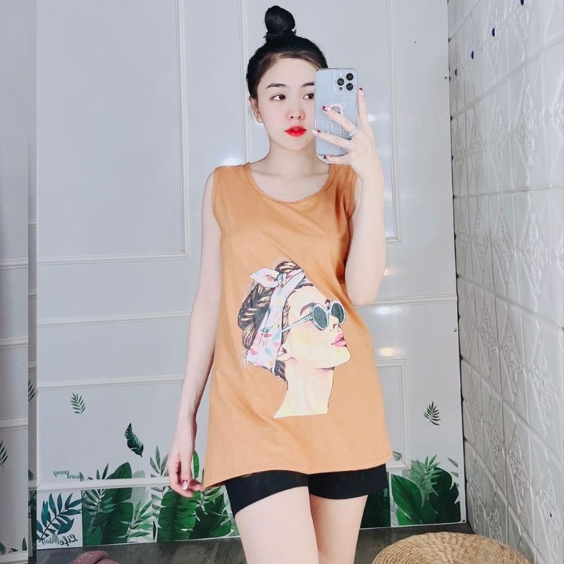 Đồ Bộ Nữ Mặc Nhà ESHOP BD10 Bigsize 43-85kg Áo Ba Lỗ Thun Cotton In Cô Gái, Quần Đùi Đen Dễ Thương