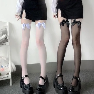 Tất Lụa Dài Qua Gối Màu Trắng Đen Đính Nơ Thời Trang Mùa Hè Cho Nữ Sinh