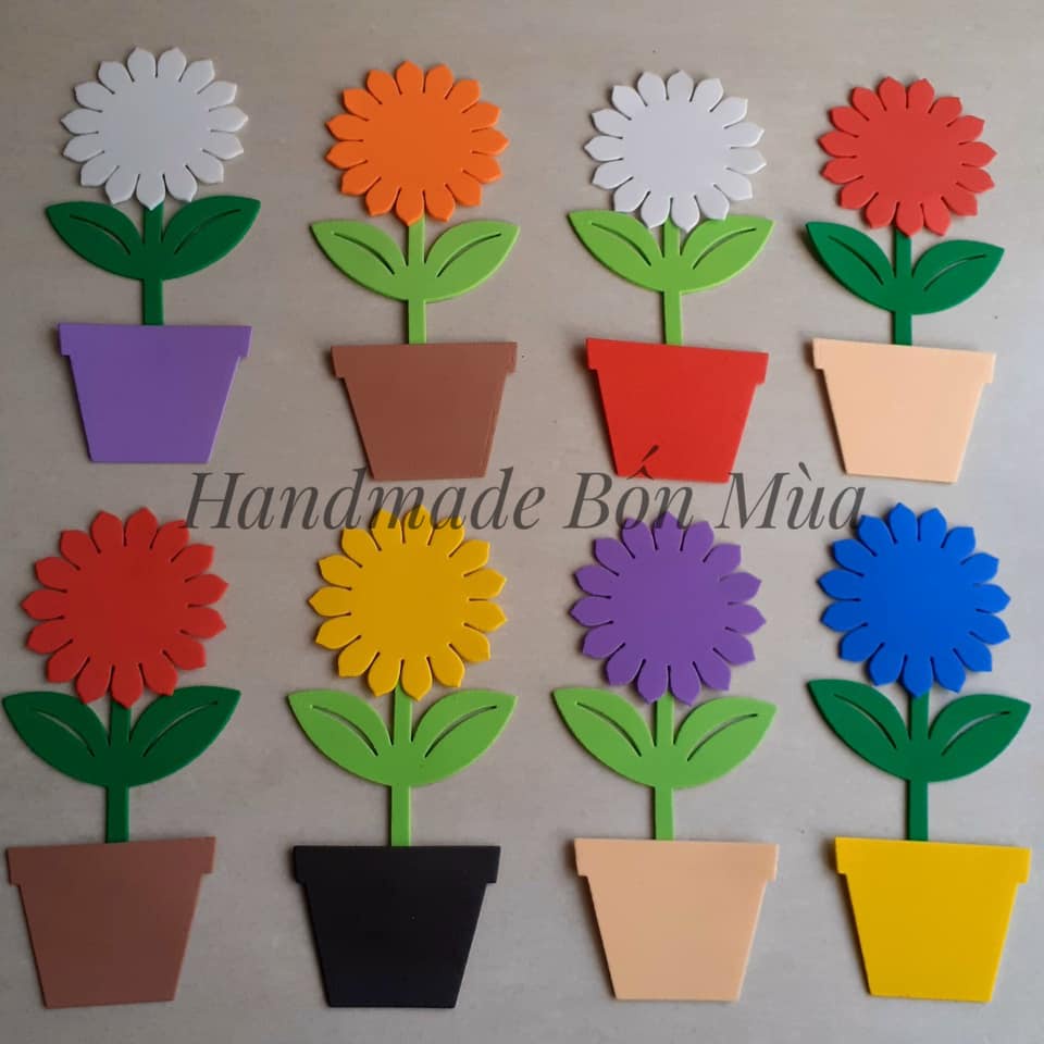 3 CHẬU HOA MẦM NON ( Hoa hồng + Hướng dương +Tulip ), bằng giấy ...