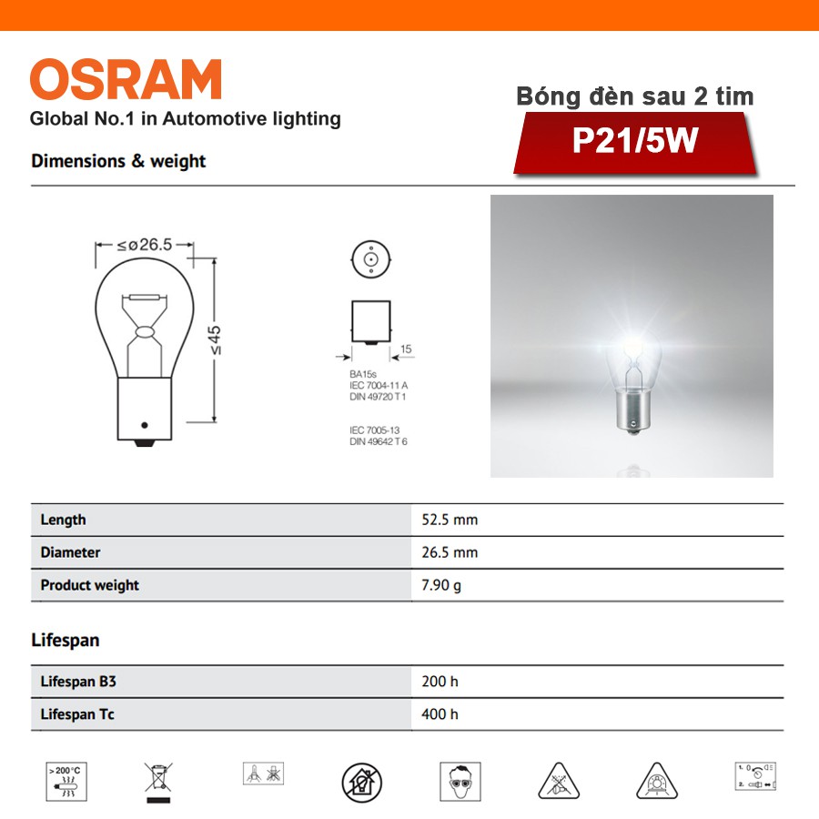 Combo 2 Bóng Đèn Sau Xe Tải 2 Tim OSRAM Original P21/5W 24V 21/5W (Chân Cao Thấp)