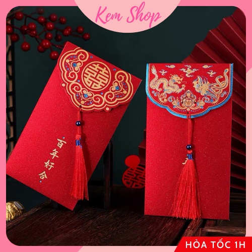 Set 5 bao lì xì đỏ may mắn kèm tua rua giấy nhũ cao cấp, lì xì ăn hỏi - Kem Shop K298