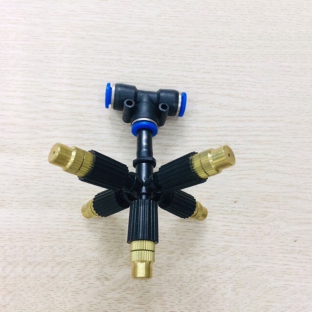 Béc Phun Sương Bằng Đồng 5 Hướng + Tê Nối Ống 8mm Và Van Chống Nhỏ Giọt