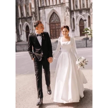 (Ảnh thật)váy cưới đi bàn, chụp ảnh cổ vuông tay dài kín đáo sáng trọng, đầm chụp ảnh cưới