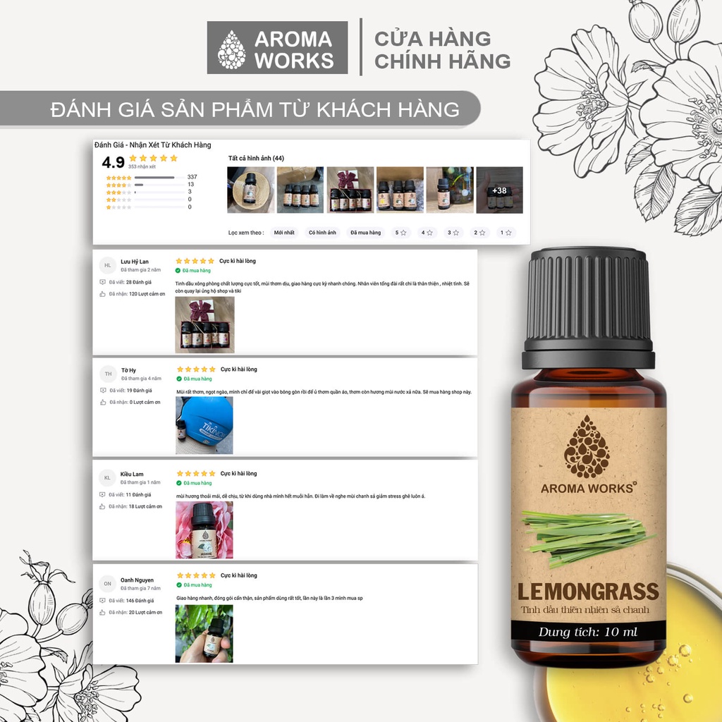 Ảnh Tinh dầu Sả Chanh Aroma Works xông phòng, dễ ngủ, đuổi muỗi, thanh lọc không khí - Lemongrass 2