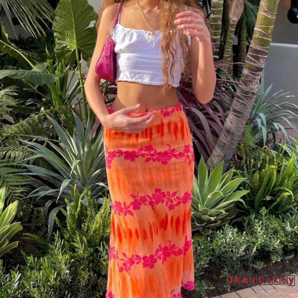 OKDK-Women y2k Skirt with Floral Print Bright Colors Bohemian Style Beach Clothing