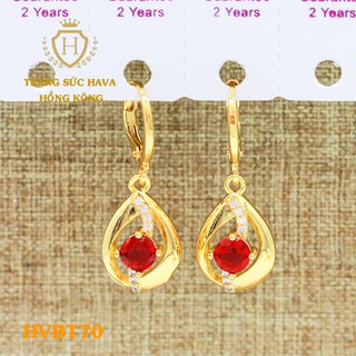 Bông Tai, Khuyên Tai Nữ Dáng Dài Đính Đá Đỏ Xi Mạ Vàng 24K Cao Cấp - Trang Sức Hava - HVBT70