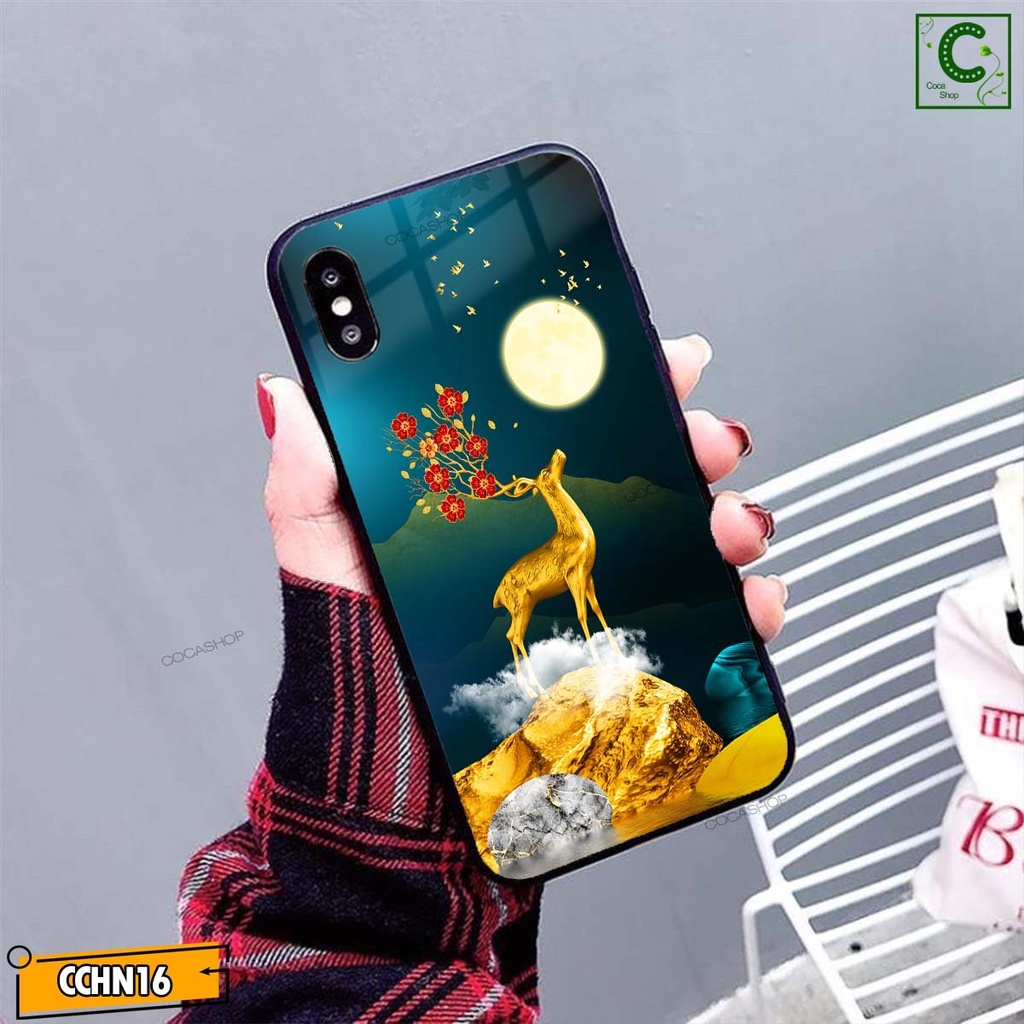 Ốp lưng iphone mặt kính cao cấp -Hươu vàng lộc lá nở hoa - 6/6plus/6s/6splus/7/7plus/8/8plus/x/.....
