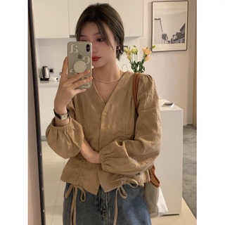 Áo Kiểu Tay Dài Cổ Chữ v Form Rộng Thời Trang retro Hàn Quốc