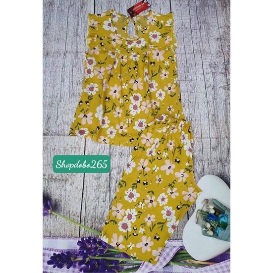 Đồ bộ nữ mặc nhà lửng vải lanh mềm,mịn,mát họa tiết hoa nhí dễ thương size 45-65kg.