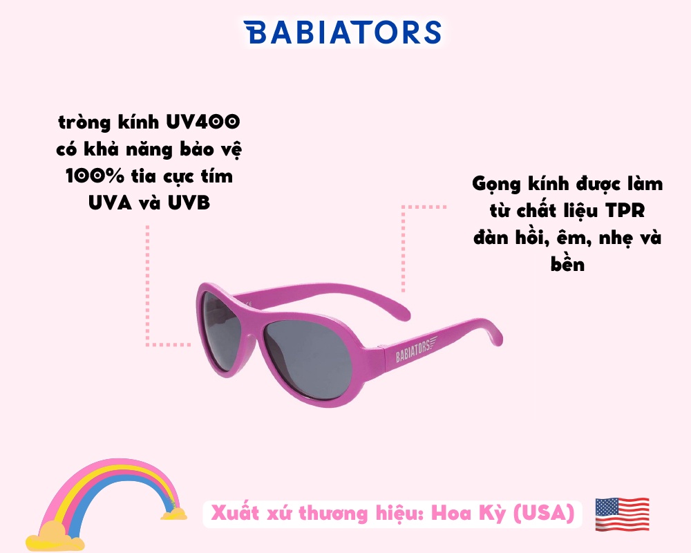 Mô tả Kính chống tia cực tím cho bé Babiators – Aviators, Hồng, 3-5 tuổi - 2