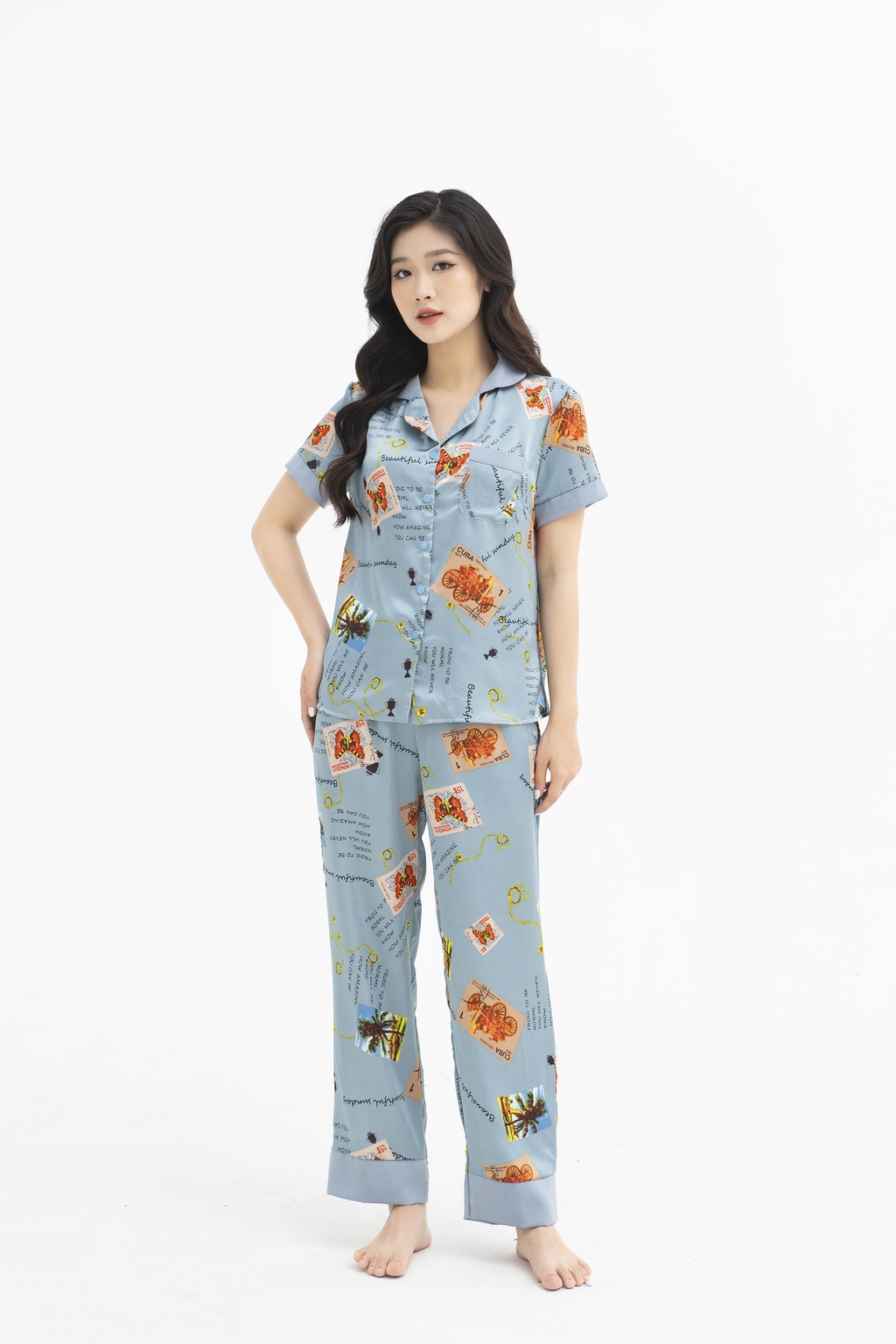 Mô tả Đồ Ngủ Pijama Lụa Satin Nhật Cao Cấp Cộc Tay JAPAN SILK Họa Tiết Sang Trọng - 8