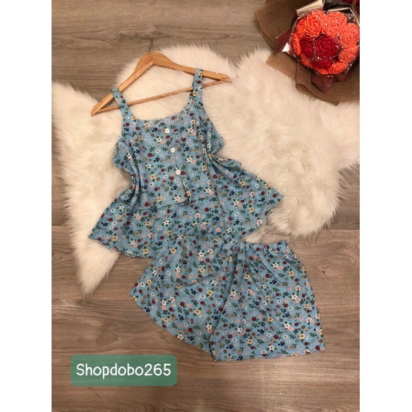 Bộ ngủ 2 dây,đồ bộ nữ mặc nhà đùi tầng vải lụa BN 120 họa tiết hoa nhí dễ thương size 47-60kg.