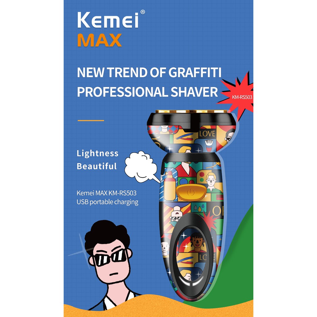 Ảnh Máy cạo râu khô/ ướt KEMEI bằng điện bảo vệ an toàn cho da có in họa tiết graffiti cho nam 1