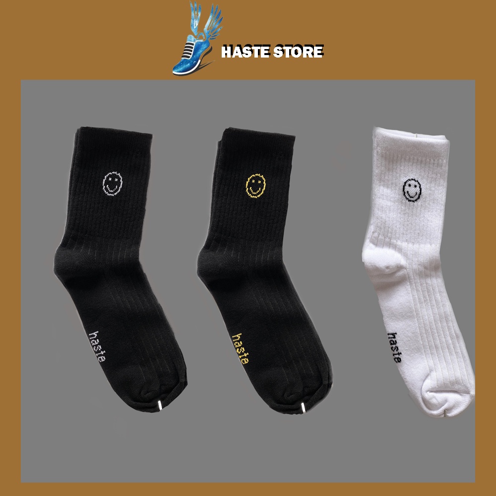 Tất Vớ Cổ Cao Trắng Đen Haste Họa Tiết Mặt Cười Smile Thời Trang Unisex Hàn Quốc