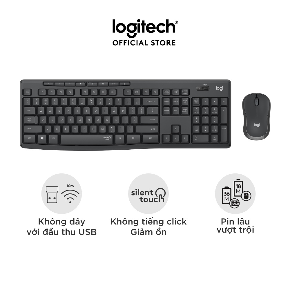 Combo Chuột phím không dây Logitech MK295 Silent – Giảm ồn, có phím số, bền bỉ