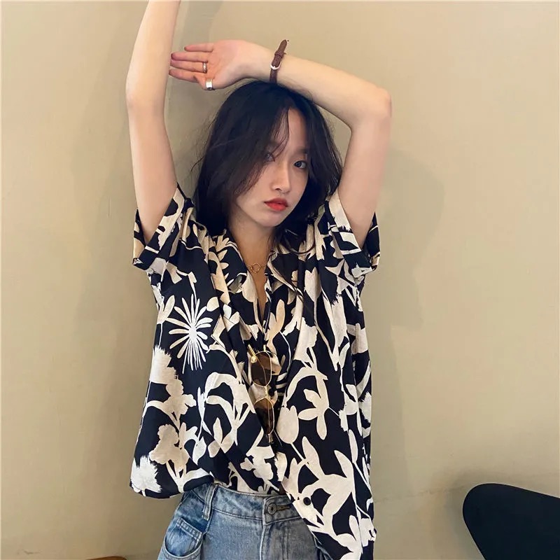Áo sơ mi SUXI tay ngắn họa tiết hoa phong cách retro thời trang cho nữ
