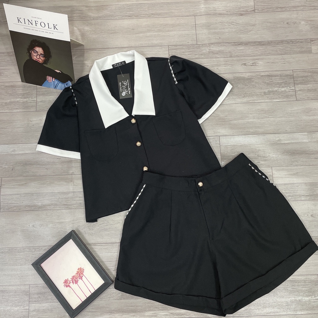 Set Bộ Nữ Bigsize Cộc Viền Trắng Quần Short Ống Rộng Cao Cấp,Set Áo Kiểu Size Lớn Tôn Dáng MÃ SET1