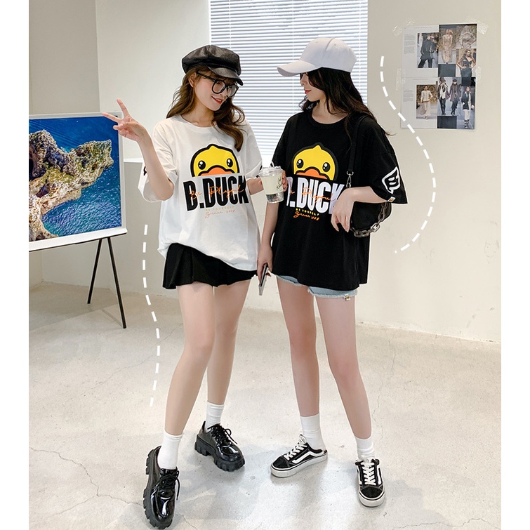 Áo Thun Tay Lỡ Nữ HappyFamily Form Rộng Họa Tiết Vịt Đáng Yêu Be Duck Chất Cotton 100 Cao Cấp
