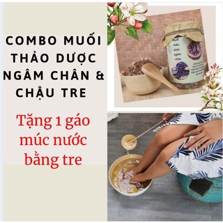 Combo muối ngâm chân thảo dược ngâm chân + chậu tre giúp mẹ bầu giúp giảm phù nề,giảm đau xương khớp, khử mùi hôi chân..
