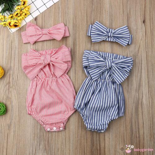 Bé gái lệch vai Áo liền quần không tay sọc nơ lớn + Băng đô